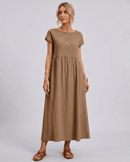 Midi Dress Cotton Linen Blend, O-Neck