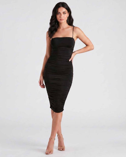 Ruched Midi Dress | Stretch Knit Dress