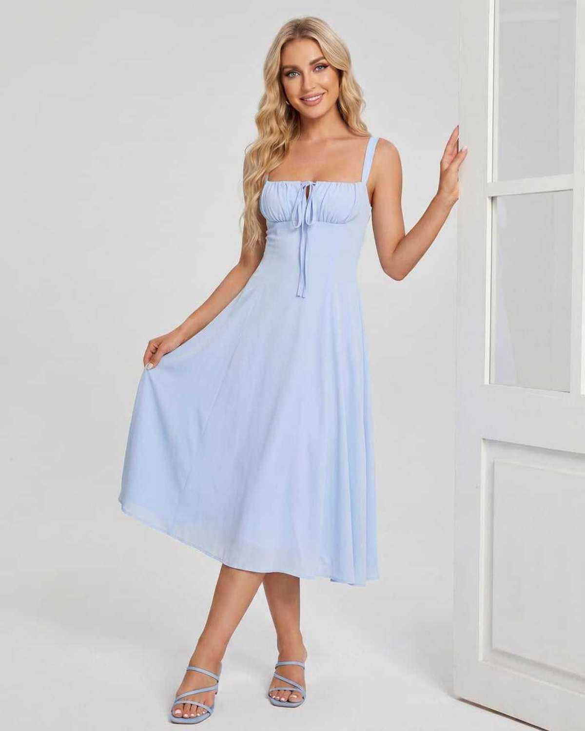 Midi Dress Lightweight Chiffon Blend, Square Neck