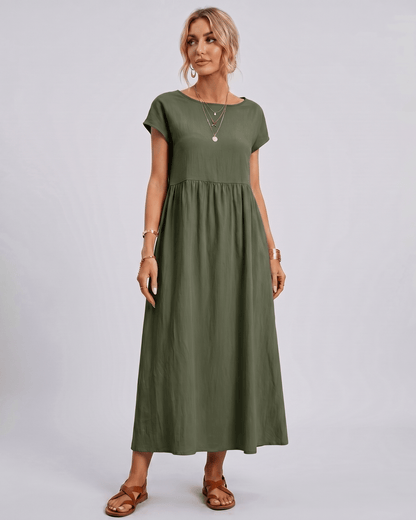 Midi Dress Cotton Linen Blend, O-Neck