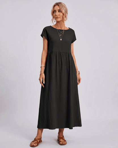 Midi Dress Cotton Linen Blend, O-Neck