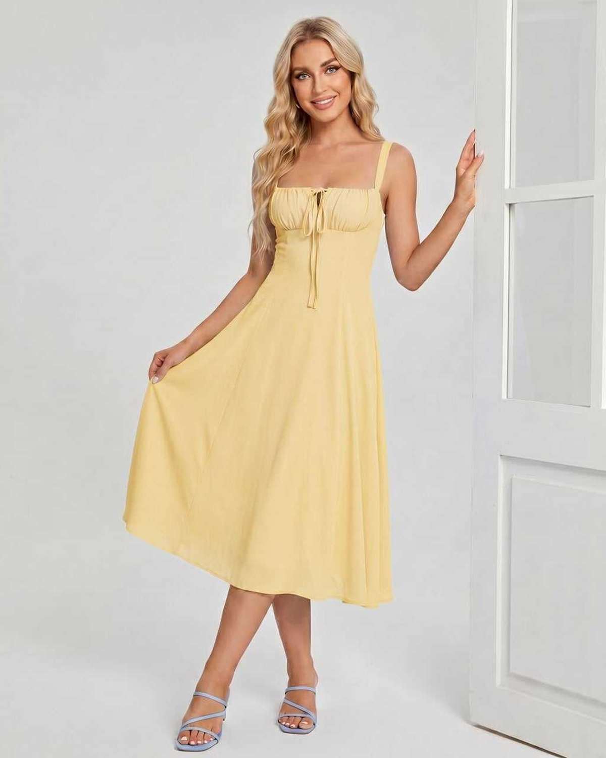 Midi Dress Lightweight Chiffon Blend, Square Neck