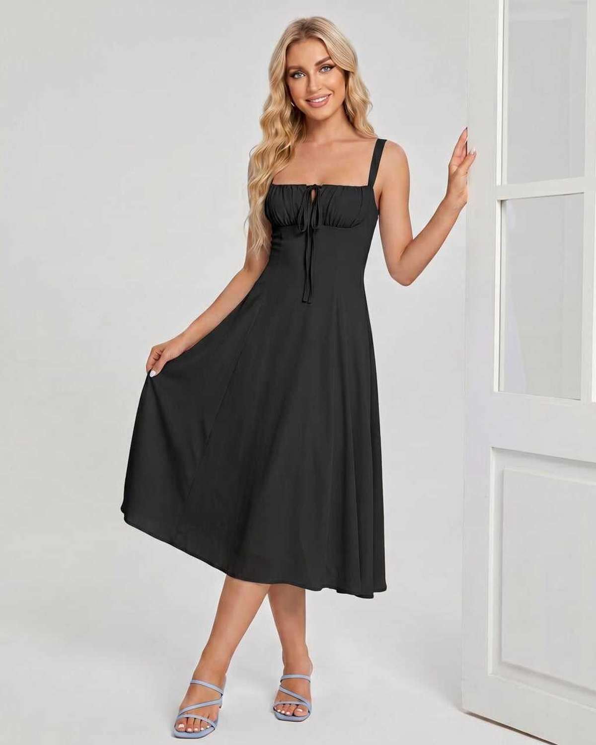 Midi Dress Lightweight Chiffon Blend, Square Neck